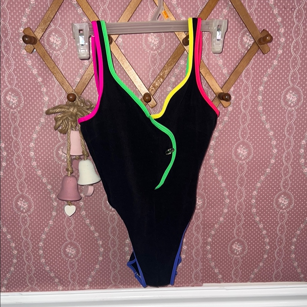 Vintage Black Swimsuit with Neon Trim